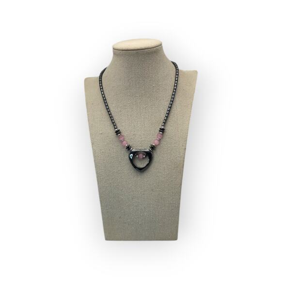Pink Cat’s Eye & Hematite Heart Necklace Fairy Goth Coquette Dark Academia Y2K - Picture 2 of 7